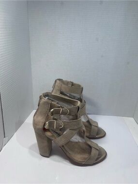 Karl Lagerfeld Beige Suede Strappy Block Heel Sandals